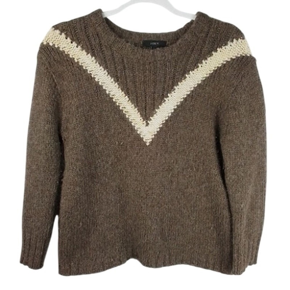 J.Crew Alpaca Blend V-Neck Sweater Brown Cream Chevron Women's S